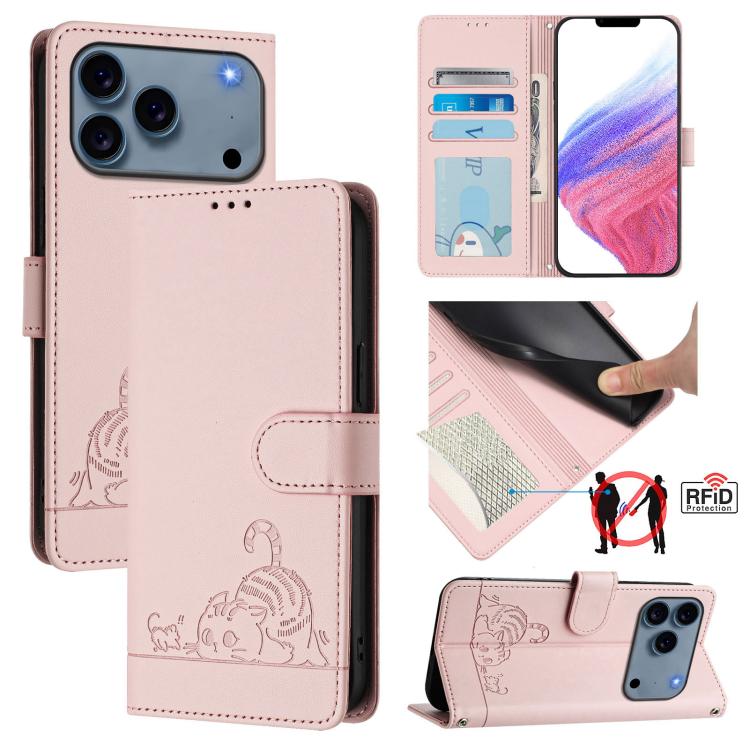 Cat Rat Embossed Pattern RFID Leather Phone Case with Lanyard, For iPhone 18 Pro / 17 Pro, For iPhone 18 Pro Max / 17 Pro Max, For iPhone 17, For iPhone Air, For iPhone 17e / 16e, For iPhone 15 Pro Max, For iPhone 15 Pro, For iPhone 15 Plus