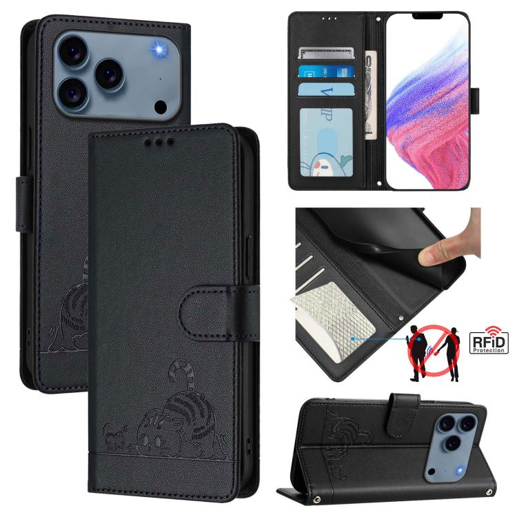 Cat Rat Embossed Pattern RFID Leather Phone Case with Lanyard, For iPhone 18 Pro / 17 Pro, For iPhone 18 Pro Max / 17 Pro Max, For iPhone 17, For iPhone Air, For iPhone 17e / 16e, For iPhone 15 Pro Max, For iPhone 15 Pro, For iPhone 15 Plus
