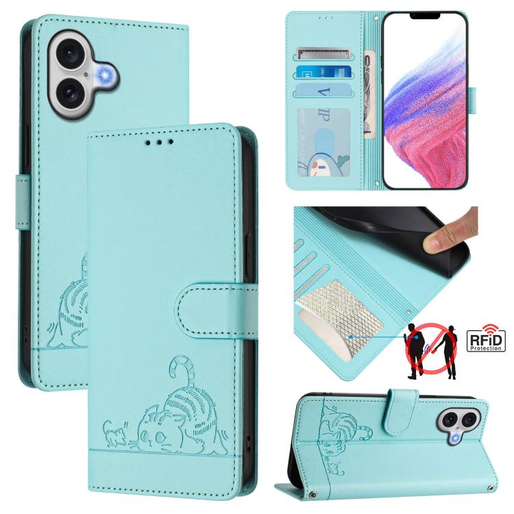 Cat Rat Embossed Pattern RFID Leather Phone Case with Lanyard, For iPhone 18 Pro / 17 Pro, For iPhone 18 Pro Max / 17 Pro Max, For iPhone 17, For iPhone Air, For iPhone 17e / 16e, For iPhone 15 Pro Max, For iPhone 15 Pro, For iPhone 15 Plus
