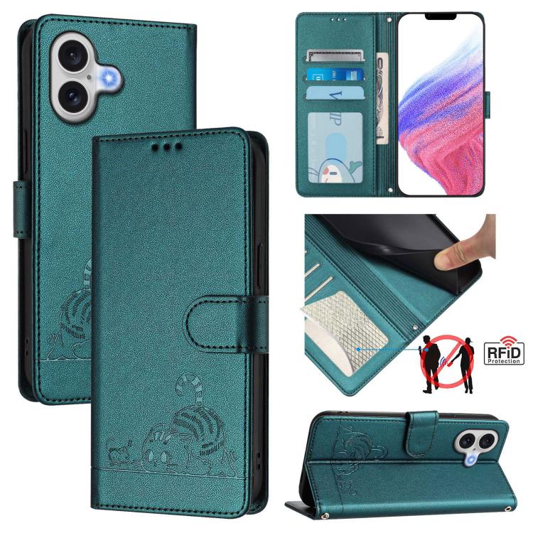 Cat Rat Embossed Pattern RFID Leather Phone Case with Lanyard, For iPhone 18 Pro / 17 Pro, For iPhone 18 Pro Max / 17 Pro Max, For iPhone 17, For iPhone Air, For iPhone 17e / 16e, For iPhone 15 Pro Max, For iPhone 15 Pro, For iPhone 15 Plus