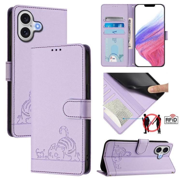 Cat Rat Embossed Pattern RFID Leather Phone Case with Lanyard, For iPhone 18 Pro / 17 Pro, For iPhone 18 Pro Max / 17 Pro Max, For iPhone 17, For iPhone Air, For iPhone 17e / 16e, For iPhone 15 Pro Max, For iPhone 15 Pro, For iPhone 15 Plus