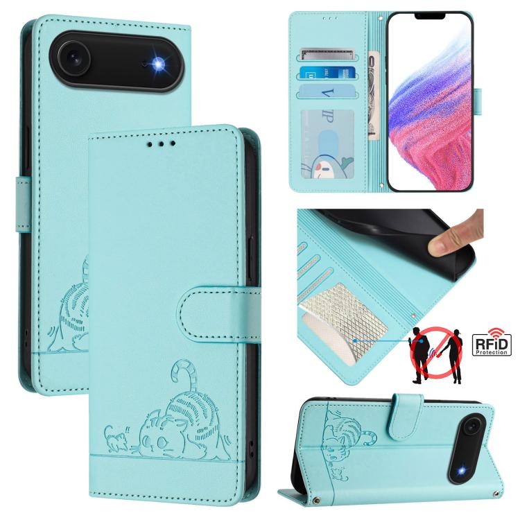 Cat Rat Embossed Pattern RFID Leather Phone Case with Lanyard, For iPhone 18 Pro / 17 Pro, For iPhone 18 Pro Max / 17 Pro Max, For iPhone 17, For iPhone Air, For iPhone 17e / 16e, For iPhone 15 Pro Max, For iPhone 15 Pro, For iPhone 15 Plus