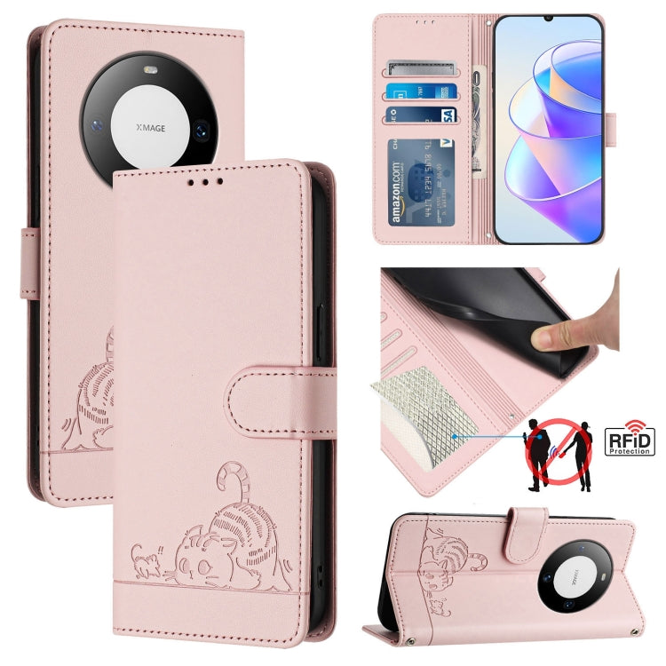 Cat Rat Embossed Pattern RFID Leather Phone Case with Lanyard, For Huawei nova 14 5G, For Huawei nova 13 Pro 5G, For Huawei Pura 70 Pro, For Huawei Pura 70, For Huawei Mate 60 Pro/60 Pro+, For Huawei Mate 60, For Huawei P60 Art, For Huawei P60/P60 Pro