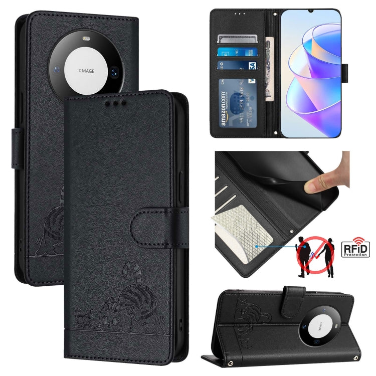 Cat Rat Embossed Pattern RFID Leather Phone Case with Lanyard, For Huawei nova 14 5G, For Huawei nova 13 Pro 5G, For Huawei Pura 70 Pro, For Huawei Pura 70, For Huawei Mate 60 Pro/60 Pro+, For Huawei Mate 60, For Huawei P60 Art, For Huawei P60/P60 Pro
