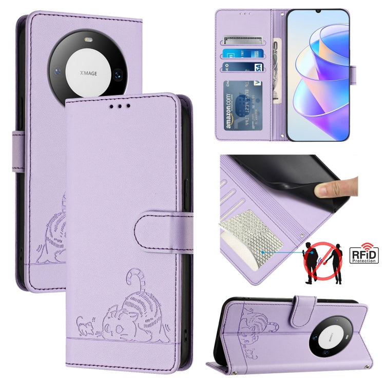 Cat Rat Embossed Pattern RFID Leather Phone Case with Lanyard, For Huawei nova 14 5G, For Huawei nova 13 Pro 5G, For Huawei Pura 70 Pro, For Huawei Pura 70, For Huawei Mate 60 Pro/60 Pro+, For Huawei Mate 60, For Huawei P60 Art, For Huawei P60/P60 Pro