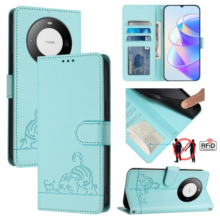 Cat Rat Embossed Pattern RFID Leather Phone Case with Lanyard, For Huawei nova 14 5G, For Huawei nova 13 Pro 5G, For Huawei Pura 70 Pro, For Huawei Pura 70, For Huawei Mate 60 Pro/60 Pro+, For Huawei Mate 60, For Huawei P60 Art, For Huawei P60/P60 Pro