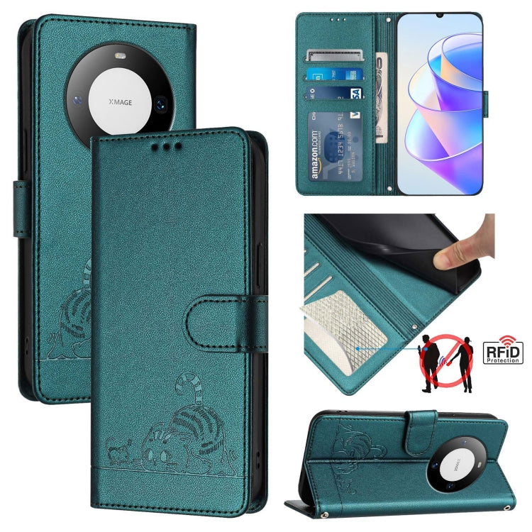 Cat Rat Embossed Pattern RFID Leather Phone Case with Lanyard, For Huawei nova 14 5G, For Huawei nova 13 Pro 5G, For Huawei Pura 70 Pro, For Huawei Pura 70, For Huawei Mate 60 Pro/60 Pro+, For Huawei Mate 60, For Huawei P60 Art, For Huawei P60/P60 Pro