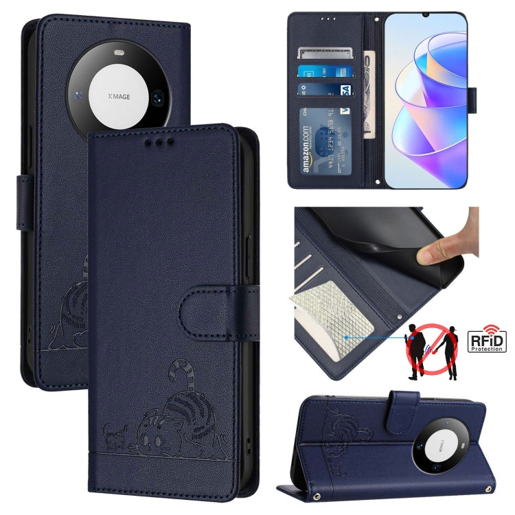 Cat Rat Embossed Pattern RFID Leather Phone Case with Lanyard, For Huawei nova 14 5G, For Huawei nova 13 Pro 5G, For Huawei Pura 70 Pro, For Huawei Pura 70, For Huawei Mate 60 Pro/60 Pro+, For Huawei Mate 60, For Huawei P60 Art, For Huawei P60/P60 Pro