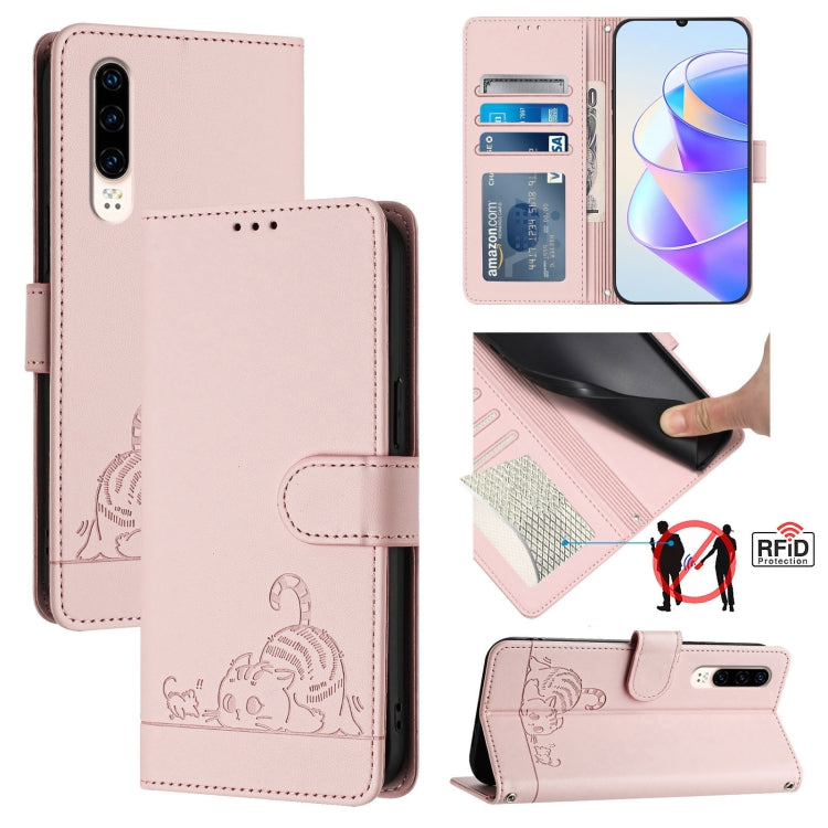 Cat Rat Embossed Pattern RFID Leather Phone Case with Lanyard, For Huawei Enjoy 9s 4G, For Huawei P30 lite/nova 4e, For Huawei P30 Pro, For Huawei P30, For Huawei P Smart 2019, For Huawei P Smart+ 2019