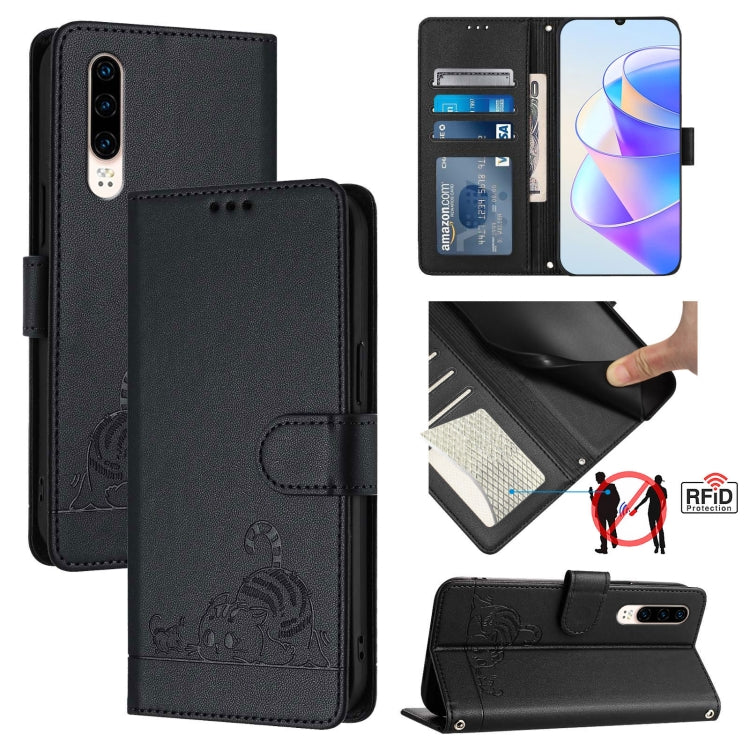 Cat Rat Embossed Pattern RFID Leather Phone Case with Lanyard, For Huawei Enjoy 9s 4G, For Huawei P30 lite/nova 4e, For Huawei P30 Pro, For Huawei P30, For Huawei P Smart 2019, For Huawei P Smart+ 2019