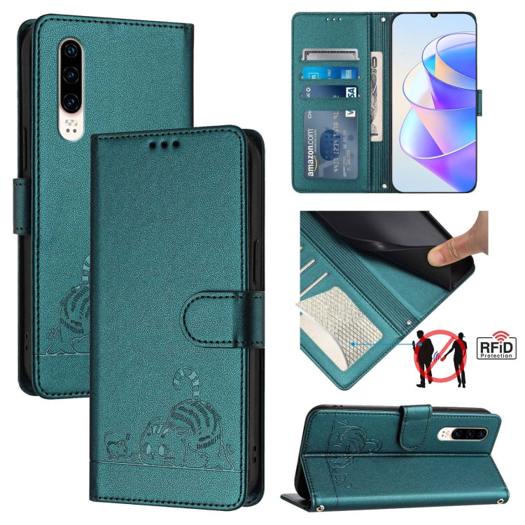 Cat Rat Embossed Pattern RFID Leather Phone Case with Lanyard, For Huawei Enjoy 9s 4G, For Huawei P30 lite/nova 4e, For Huawei P30 Pro, For Huawei P30, For Huawei P Smart 2019, For Huawei P Smart+ 2019