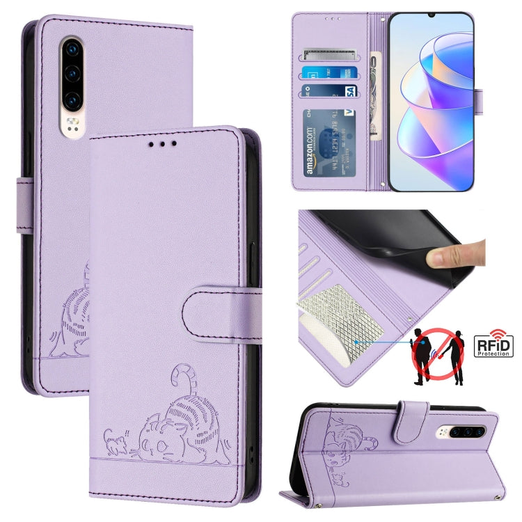 Cat Rat Embossed Pattern RFID Leather Phone Case with Lanyard, For Huawei Enjoy 9s 4G, For Huawei P30 lite/nova 4e, For Huawei P30 Pro, For Huawei P30, For Huawei P Smart 2019, For Huawei P Smart+ 2019