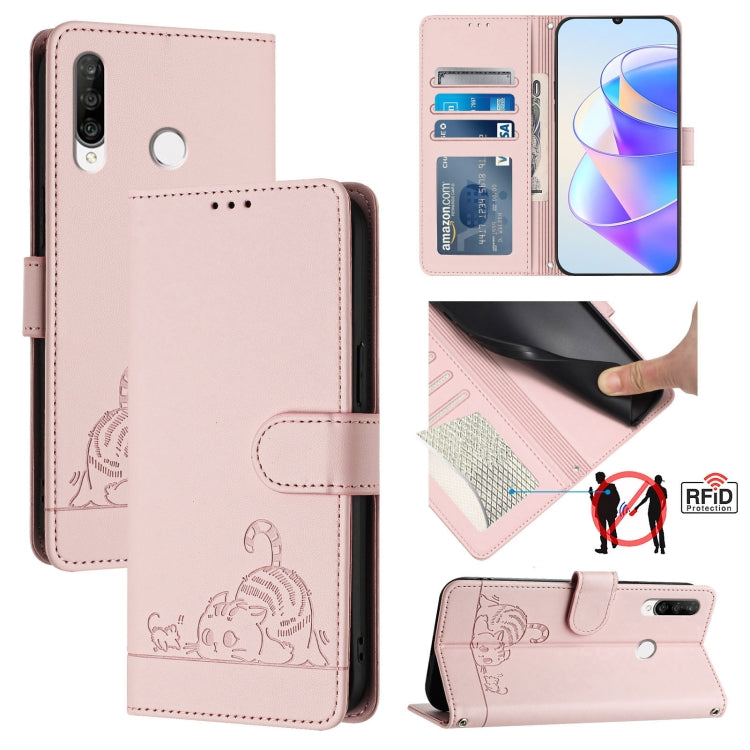 Cat Rat Embossed Pattern RFID Leather Phone Case with Lanyard, For Huawei Enjoy 9s 4G, For Huawei P30 lite/nova 4e, For Huawei P30 Pro, For Huawei P30, For Huawei P Smart 2019, For Huawei P Smart+ 2019