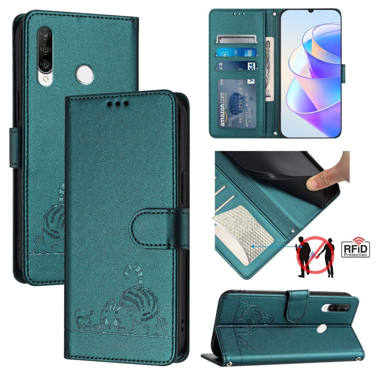 Cat Rat Embossed Pattern RFID Leather Phone Case with Lanyard, For Huawei Enjoy 9s 4G, For Huawei P30 lite/nova 4e, For Huawei P30 Pro, For Huawei P30, For Huawei P Smart 2019, For Huawei P Smart+ 2019