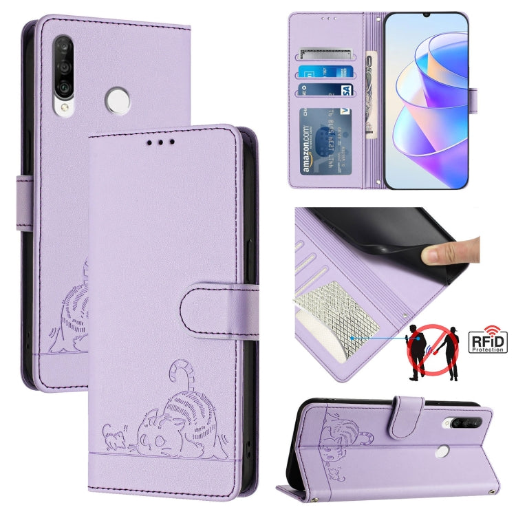 Cat Rat Embossed Pattern RFID Leather Phone Case with Lanyard, For Huawei Enjoy 9s 4G, For Huawei P30 lite/nova 4e, For Huawei P30 Pro, For Huawei P30, For Huawei P Smart 2019, For Huawei P Smart+ 2019