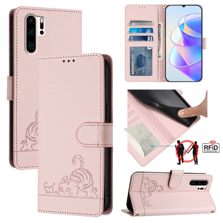 Cat Rat Embossed Pattern RFID Leather Phone Case with Lanyard, For Huawei Enjoy 9s 4G, For Huawei P30 lite/nova 4e, For Huawei P30 Pro, For Huawei P30, For Huawei P Smart 2019, For Huawei P Smart+ 2019