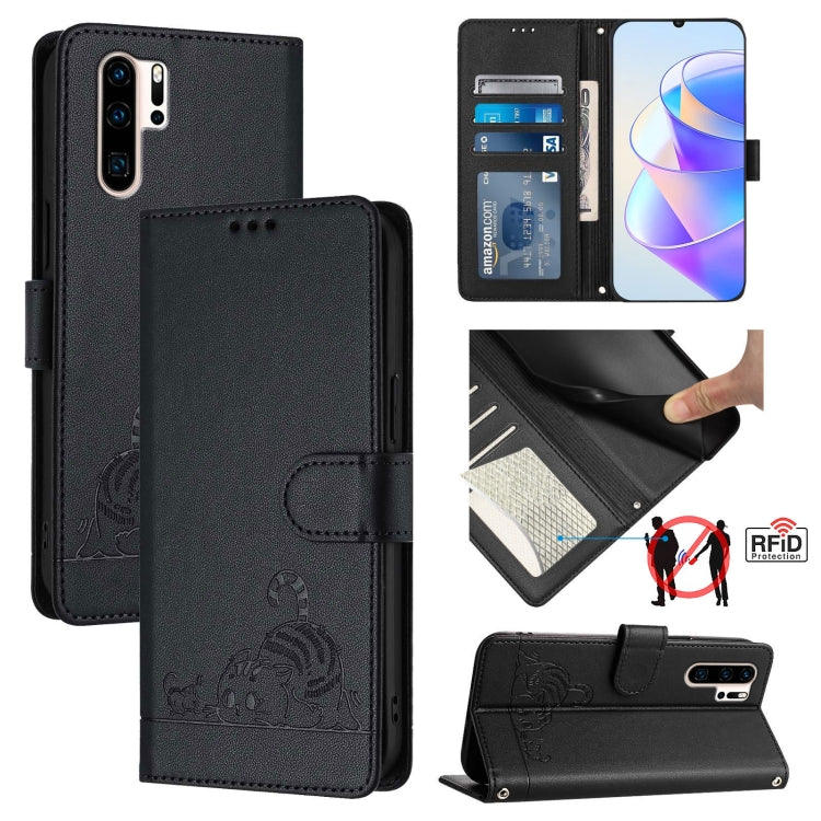 Cat Rat Embossed Pattern RFID Leather Phone Case with Lanyard, For Huawei Enjoy 9s 4G, For Huawei P30 lite/nova 4e, For Huawei P30 Pro, For Huawei P30, For Huawei P Smart 2019, For Huawei P Smart+ 2019