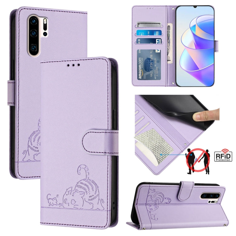 Cat Rat Embossed Pattern RFID Leather Phone Case with Lanyard, For Huawei Enjoy 9s 4G, For Huawei P30 lite/nova 4e, For Huawei P30 Pro, For Huawei P30, For Huawei P Smart 2019, For Huawei P Smart+ 2019