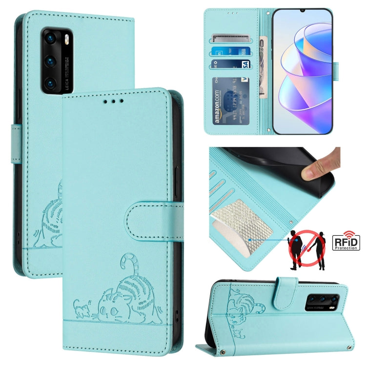 Cat Rat Embossed Pattern RFID Leather Phone Case with Lanyard, For Huawei P smart 2021 4G, For Huawei P40 lite 4G, For Huawei P40 Pro, For Huawei P40, For Huawei nova 6 SE, For Huawei Enjoy 10 Plus, For Huawei P Smart Z, For Huawei Y9 Prime 2019
