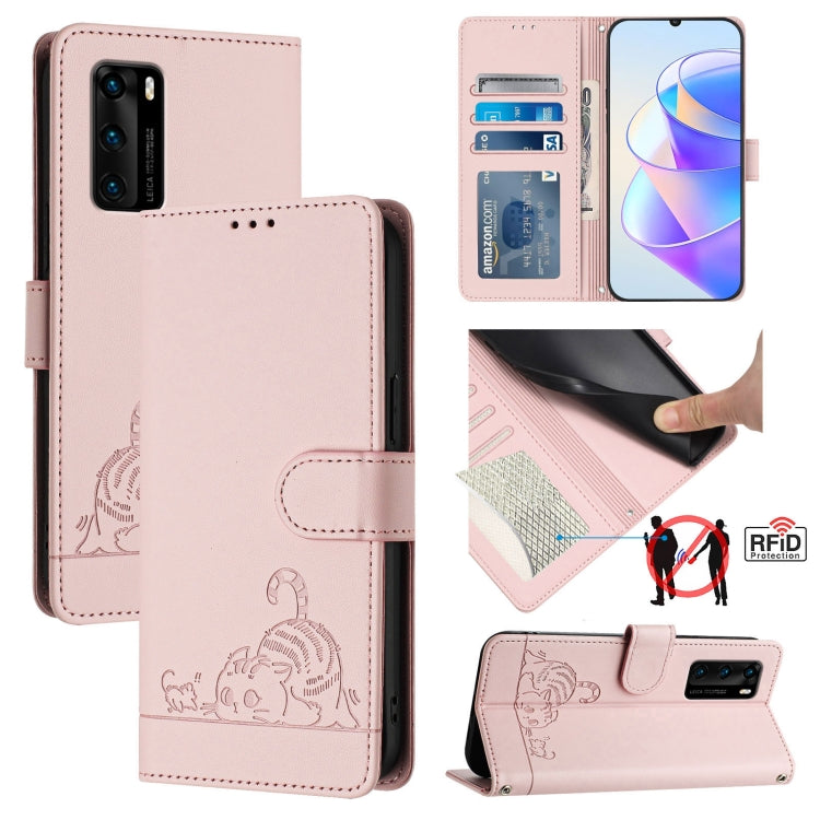 Cat Rat Embossed Pattern RFID Leather Phone Case with Lanyard, For Huawei P smart 2021 4G, For Huawei P40 lite 4G, For Huawei P40 Pro, For Huawei P40, For Huawei nova 6 SE, For Huawei Enjoy 10 Plus, For Huawei P Smart Z, For Huawei Y9 Prime 2019