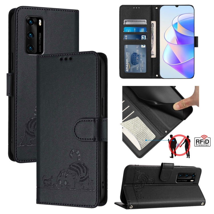 Cat Rat Embossed Pattern RFID Leather Phone Case with Lanyard, For Huawei P smart 2021 4G, For Huawei P40 lite 4G, For Huawei P40 Pro, For Huawei P40, For Huawei nova 6 SE, For Huawei Enjoy 10 Plus, For Huawei P Smart Z, For Huawei Y9 Prime 2019