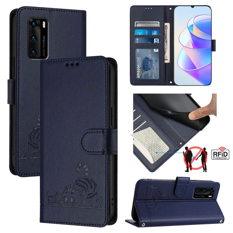 Cat Rat Embossed Pattern RFID Leather Phone Case with Lanyard, For Huawei P smart 2021 4G, For Huawei P40 lite 4G, For Huawei P40 Pro, For Huawei P40, For Huawei nova 6 SE, For Huawei Enjoy 10 Plus, For Huawei P Smart Z, For Huawei Y9 Prime 2019