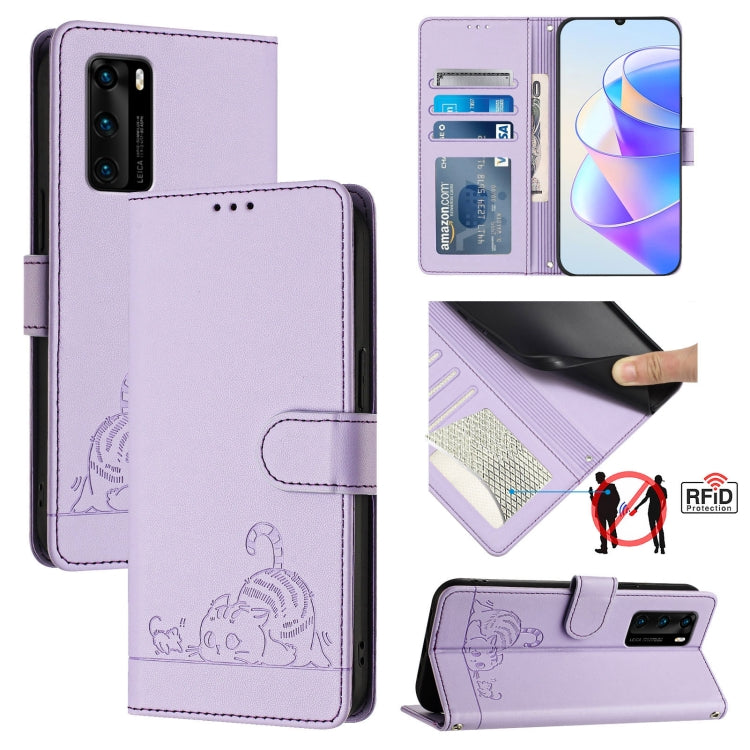 Cat Rat Embossed Pattern RFID Leather Phone Case with Lanyard, For Huawei P smart 2021 4G, For Huawei P40 lite 4G, For Huawei P40 Pro, For Huawei P40, For Huawei nova 6 SE, For Huawei Enjoy 10 Plus, For Huawei P Smart Z, For Huawei Y9 Prime 2019
