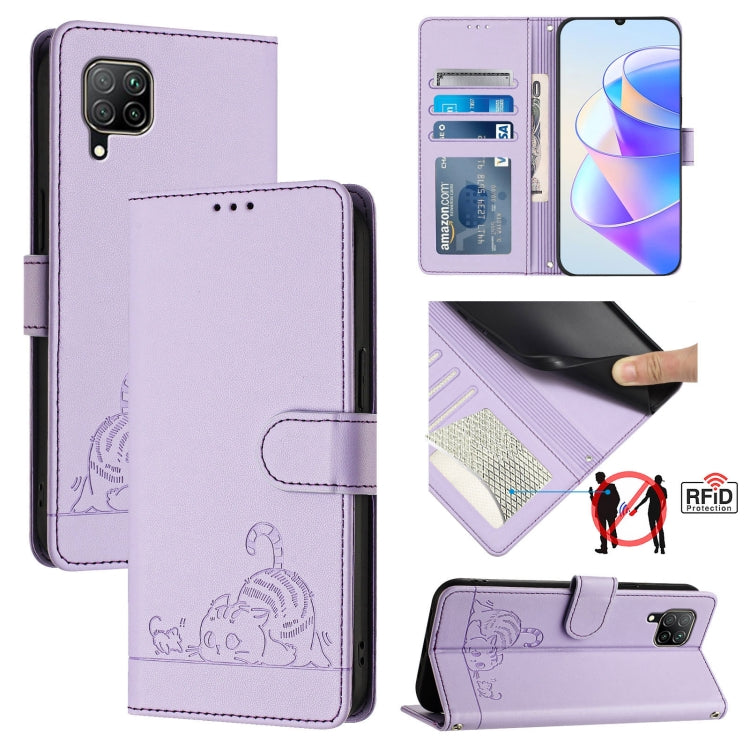 Cat Rat Embossed Pattern RFID Leather Phone Case with Lanyard, For Huawei P smart 2021 4G, For Huawei P40 lite 4G, For Huawei P40 Pro, For Huawei P40, For Huawei nova 6 SE, For Huawei Enjoy 10 Plus, For Huawei P Smart Z, For Huawei Y9 Prime 2019