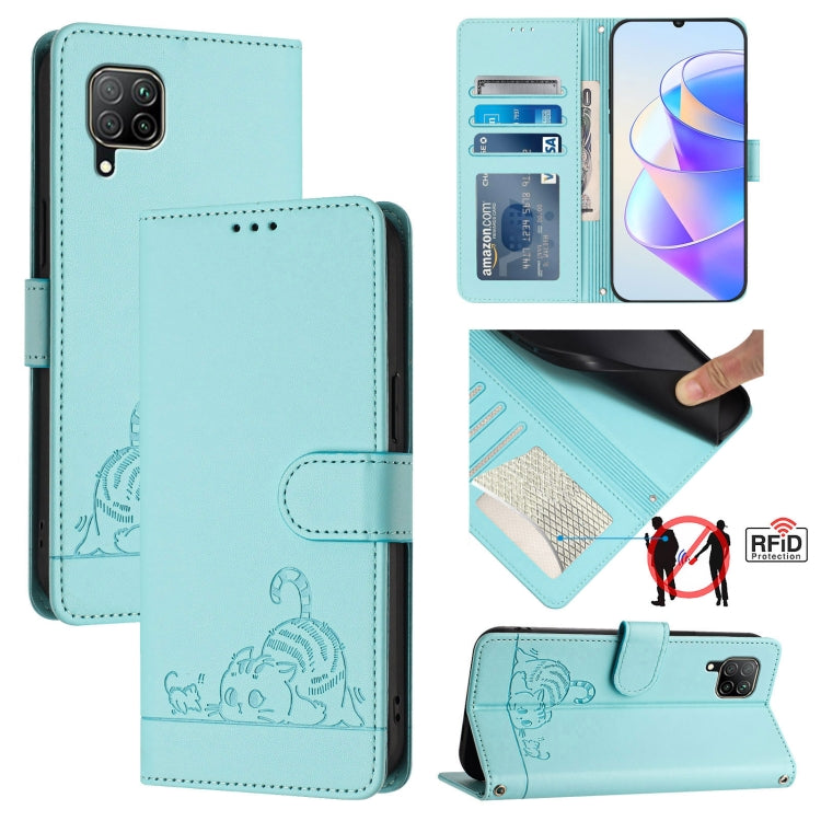 Cat Rat Embossed Pattern RFID Leather Phone Case with Lanyard, For Huawei P smart 2021 4G, For Huawei P40 lite 4G, For Huawei P40 Pro, For Huawei P40, For Huawei nova 6 SE, For Huawei Enjoy 10 Plus, For Huawei P Smart Z, For Huawei Y9 Prime 2019