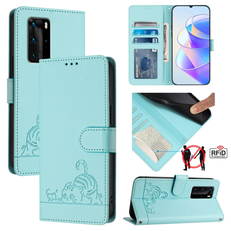 Cat Rat Embossed Pattern RFID Leather Phone Case with Lanyard, For Huawei P smart 2021 4G, For Huawei P40 lite 4G, For Huawei P40 Pro, For Huawei P40, For Huawei nova 6 SE, For Huawei Enjoy 10 Plus, For Huawei P Smart Z, For Huawei Y9 Prime 2019