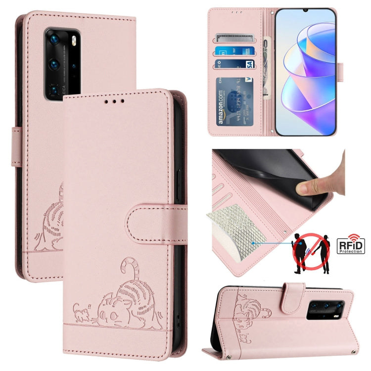 Cat Rat Embossed Pattern RFID Leather Phone Case with Lanyard, For Huawei P smart 2021 4G, For Huawei P40 lite 4G, For Huawei P40 Pro, For Huawei P40, For Huawei nova 6 SE, For Huawei Enjoy 10 Plus, For Huawei P Smart Z, For Huawei Y9 Prime 2019