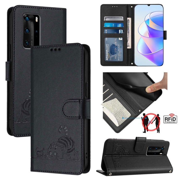 Cat Rat Embossed Pattern RFID Leather Phone Case with Lanyard, For Huawei P smart 2021 4G, For Huawei P40 lite 4G, For Huawei P40 Pro, For Huawei P40, For Huawei nova 6 SE, For Huawei Enjoy 10 Plus, For Huawei P Smart Z, For Huawei Y9 Prime 2019