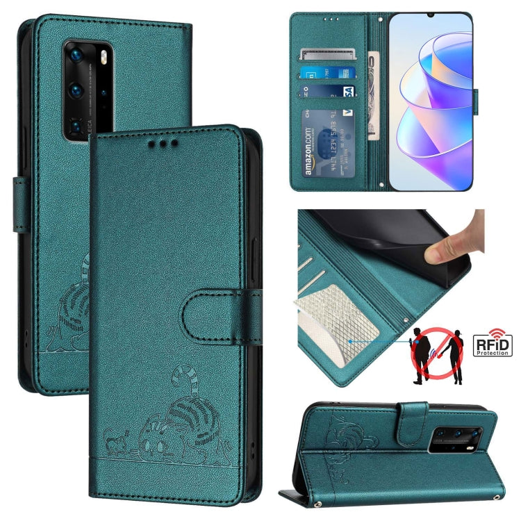 Cat Rat Embossed Pattern RFID Leather Phone Case with Lanyard, For Huawei P smart 2021 4G, For Huawei P40 lite 4G, For Huawei P40 Pro, For Huawei P40, For Huawei nova 6 SE, For Huawei Enjoy 10 Plus, For Huawei P Smart Z, For Huawei Y9 Prime 2019