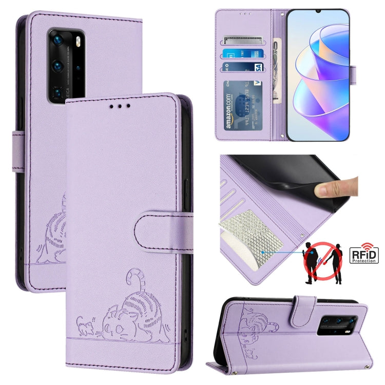 Cat Rat Embossed Pattern RFID Leather Phone Case with Lanyard, For Huawei P smart 2021 4G, For Huawei P40 lite 4G, For Huawei P40 Pro, For Huawei P40, For Huawei nova 6 SE, For Huawei Enjoy 10 Plus, For Huawei P Smart Z, For Huawei Y9 Prime 2019