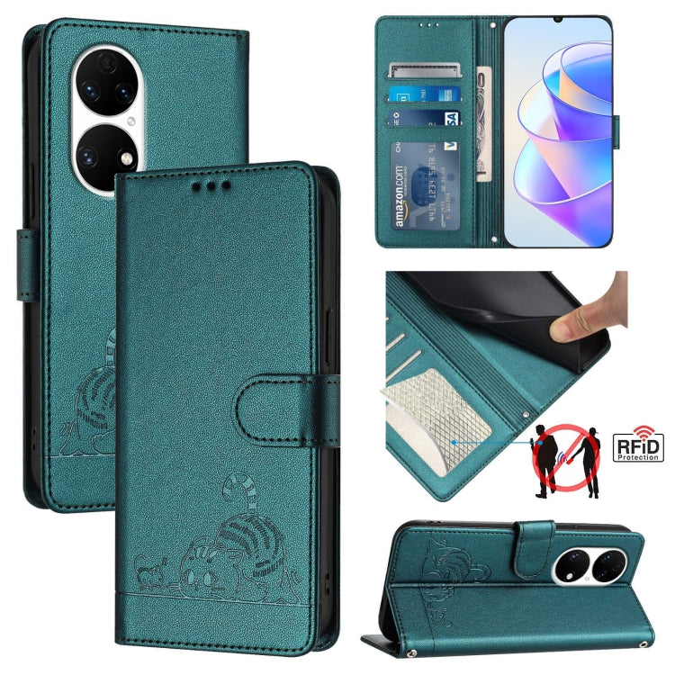 Cat Rat Embossed Pattern RFID Leather Phone Case with Lanyard, For Huawei Enjoy 50 Pro 4G, For Huawei nova Y90, For Huawei Enjoy 50 4G, For Huawei nova Y70 Plus, For Huawei nova 9, For Huawei P50 Pro, For Huawei P50, For Huawei Enjoy 20 SE/Y7a 4G