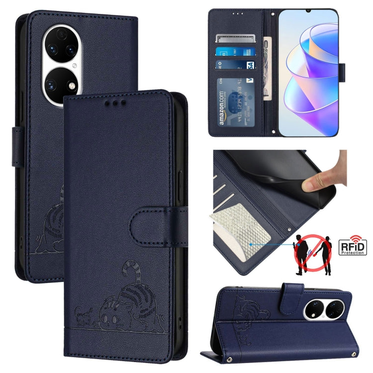 Cat Rat Embossed Pattern RFID Leather Phone Case with Lanyard, For Huawei Enjoy 50 Pro 4G, For Huawei nova Y90, For Huawei Enjoy 50 4G, For Huawei nova Y70 Plus, For Huawei nova 9, For Huawei P50 Pro, For Huawei P50, For Huawei Enjoy 20 SE/Y7a 4G