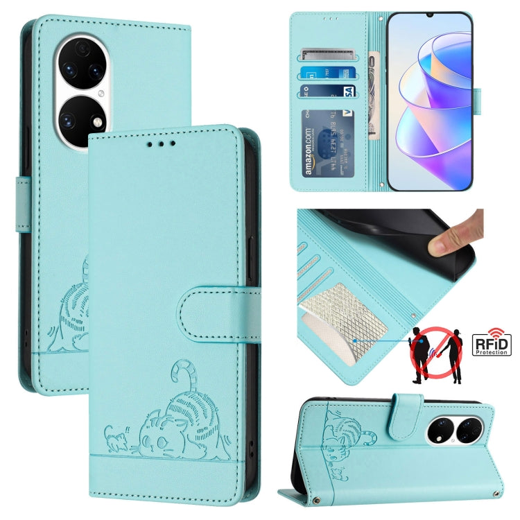 Cat Rat Embossed Pattern RFID Leather Phone Case with Lanyard, For Huawei Enjoy 50 Pro 4G, For Huawei nova Y90, For Huawei Enjoy 50 4G, For Huawei nova Y70 Plus, For Huawei nova 9, For Huawei P50 Pro, For Huawei P50, For Huawei Enjoy 20 SE/Y7a 4G
