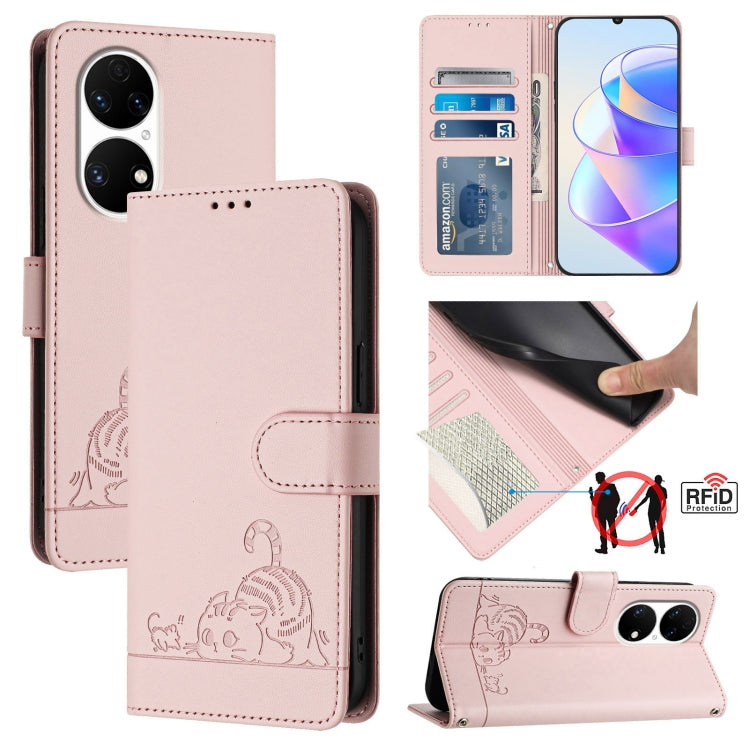 Cat Rat Embossed Pattern RFID Leather Phone Case with Lanyard, For Huawei Enjoy 50 Pro 4G, For Huawei nova Y90, For Huawei Enjoy 50 4G, For Huawei nova Y70 Plus, For Huawei nova 9, For Huawei P50 Pro, For Huawei P50, For Huawei Enjoy 20 SE/Y7a 4G