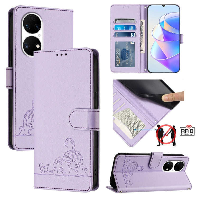 Cat Rat Embossed Pattern RFID Leather Phone Case with Lanyard, For Huawei Enjoy 50 Pro 4G, For Huawei nova Y90, For Huawei Enjoy 50 4G, For Huawei nova Y70 Plus, For Huawei nova 9, For Huawei P50 Pro, For Huawei P50, For Huawei Enjoy 20 SE/Y7a 4G