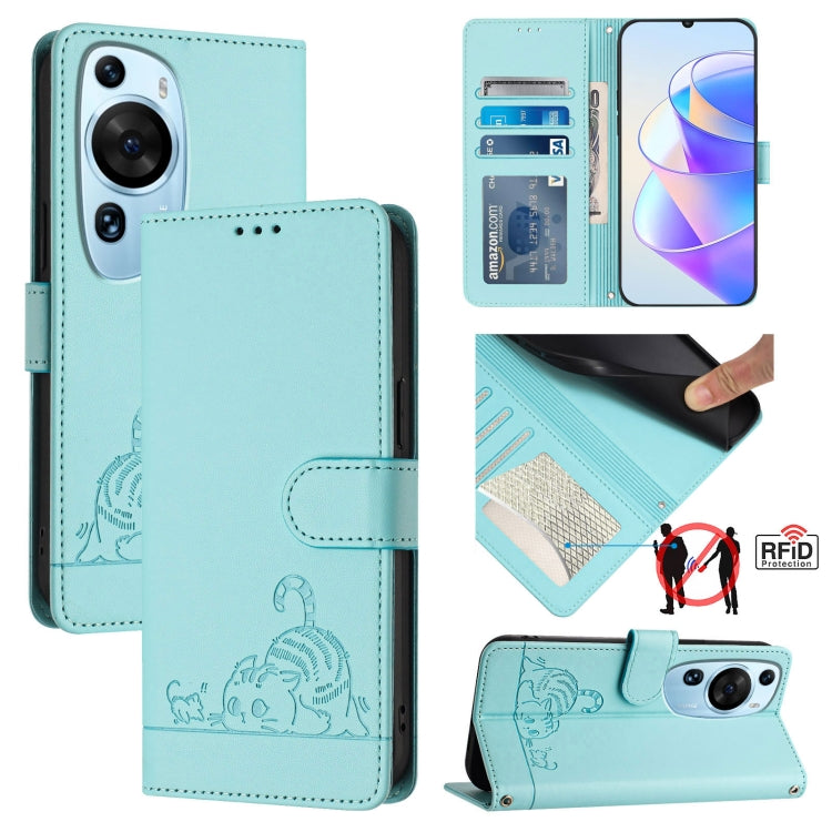 Cat Rat Embossed Pattern RFID Leather Phone Case with Lanyard, For Huawei nova 14 5G, For Huawei nova 13 Pro 5G, For Huawei Pura 70 Pro, For Huawei Pura 70, For Huawei Mate 60 Pro/60 Pro+, For Huawei Mate 60, For Huawei P60 Art, For Huawei P60/P60 Pro