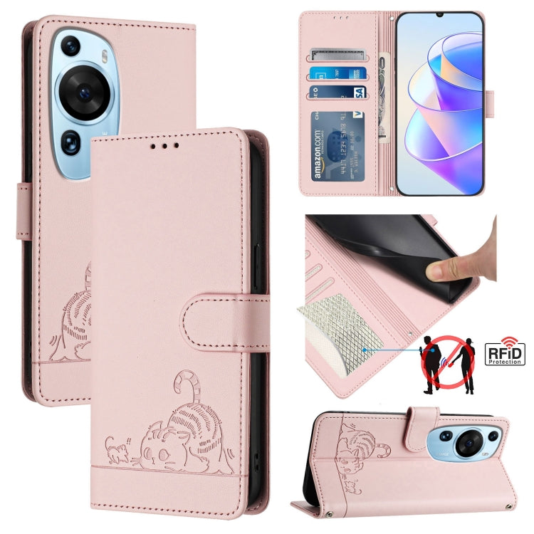 Cat Rat Embossed Pattern RFID Leather Phone Case with Lanyard, For Huawei nova 14 5G, For Huawei nova 13 Pro 5G, For Huawei Pura 70 Pro, For Huawei Pura 70, For Huawei Mate 60 Pro/60 Pro+, For Huawei Mate 60, For Huawei P60 Art, For Huawei P60/P60 Pro