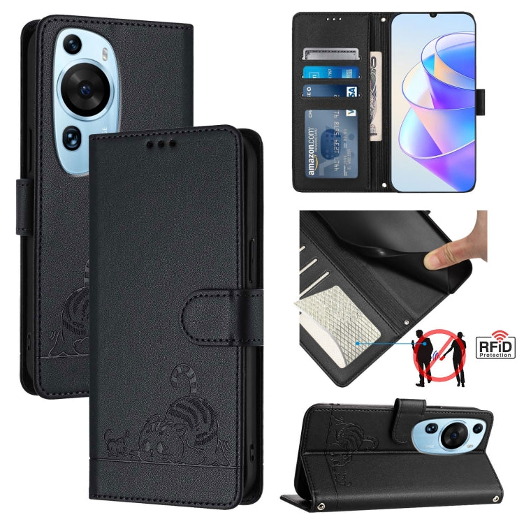 Cat Rat Embossed Pattern RFID Leather Phone Case with Lanyard, For Huawei nova 14 5G, For Huawei nova 13 Pro 5G, For Huawei Pura 70 Pro, For Huawei Pura 70, For Huawei Mate 60 Pro/60 Pro+, For Huawei Mate 60, For Huawei P60 Art, For Huawei P60/P60 Pro