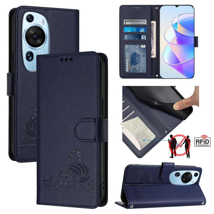 Cat Rat Embossed Pattern RFID Leather Phone Case with Lanyard, For Huawei nova 14 5G, For Huawei nova 13 Pro 5G, For Huawei Pura 70 Pro, For Huawei Pura 70, For Huawei Mate 60 Pro/60 Pro+, For Huawei Mate 60, For Huawei P60 Art, For Huawei P60/P60 Pro