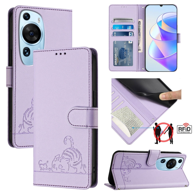 Cat Rat Embossed Pattern RFID Leather Phone Case with Lanyard, For Huawei nova 14 5G, For Huawei nova 13 Pro 5G, For Huawei Pura 70 Pro, For Huawei Pura 70, For Huawei Mate 60 Pro/60 Pro+, For Huawei Mate 60, For Huawei P60 Art, For Huawei P60/P60 Pro