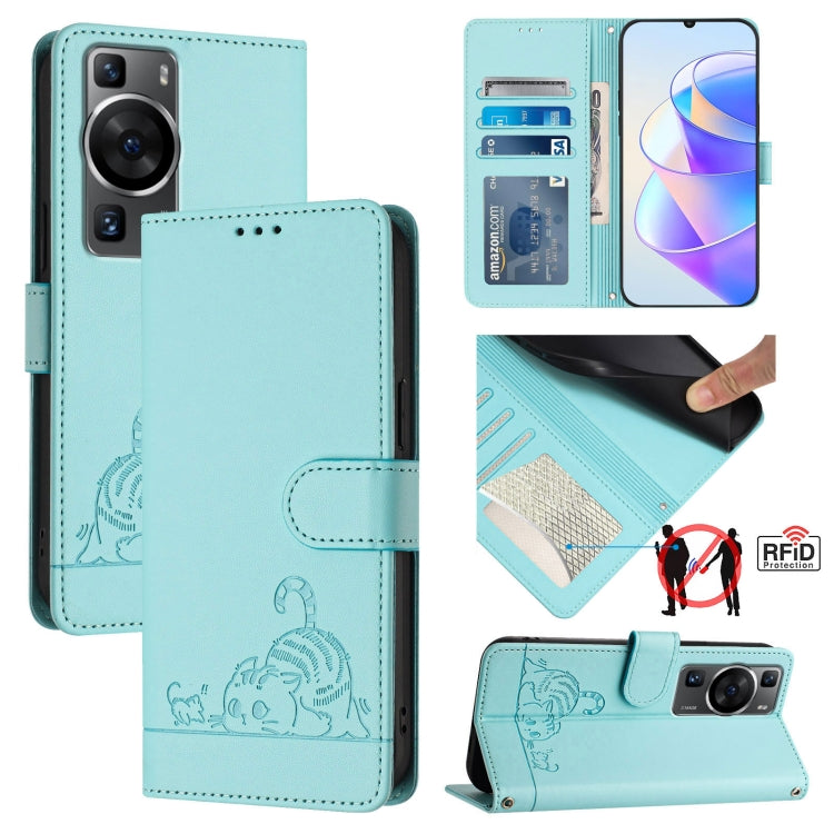 Cat Rat Embossed Pattern RFID Leather Phone Case with Lanyard, For Huawei nova 14 5G, For Huawei nova 13 Pro 5G, For Huawei Pura 70 Pro, For Huawei Pura 70, For Huawei Mate 60 Pro/60 Pro+, For Huawei Mate 60, For Huawei P60 Art, For Huawei P60/P60 Pro
