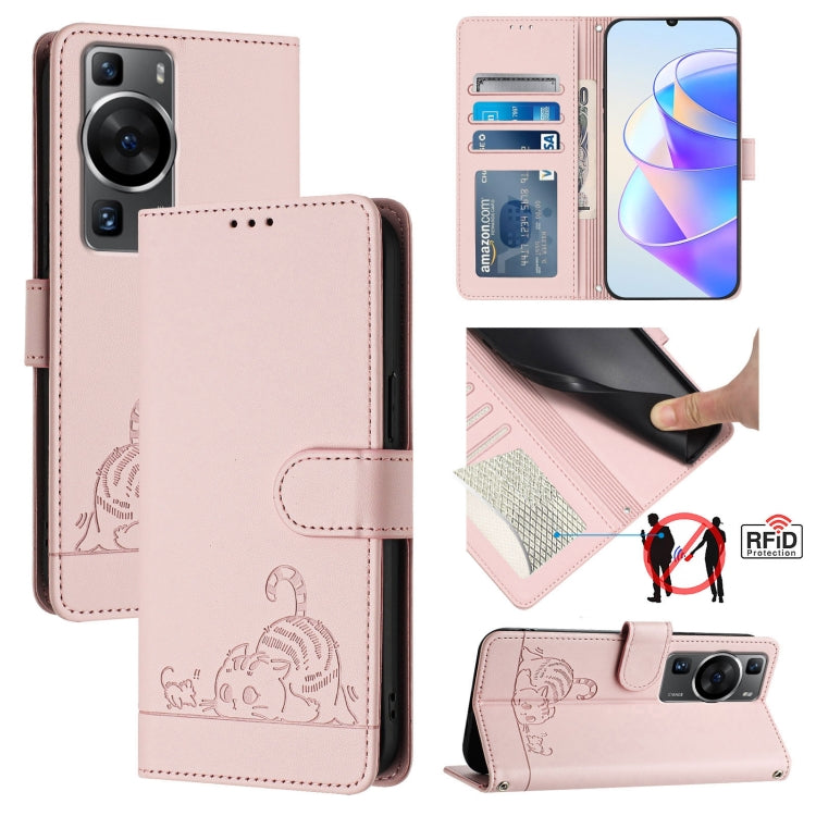 Cat Rat Embossed Pattern RFID Leather Phone Case with Lanyard, For Huawei nova 14 5G, For Huawei nova 13 Pro 5G, For Huawei Pura 70 Pro, For Huawei Pura 70, For Huawei Mate 60 Pro/60 Pro+, For Huawei Mate 60, For Huawei P60 Art, For Huawei P60/P60 Pro