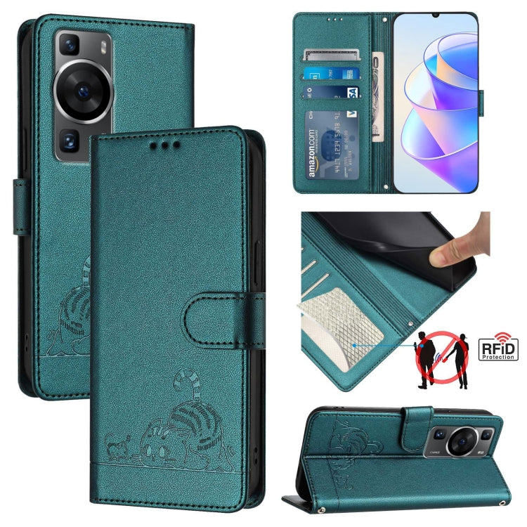 Cat Rat Embossed Pattern RFID Leather Phone Case with Lanyard, For Huawei nova 14 5G, For Huawei nova 13 Pro 5G, For Huawei Pura 70 Pro, For Huawei Pura 70, For Huawei Mate 60 Pro/60 Pro+, For Huawei Mate 60, For Huawei P60 Art, For Huawei P60/P60 Pro