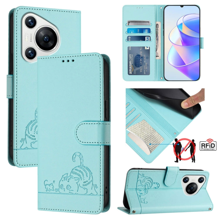 Cat Rat Embossed Pattern RFID Leather Phone Case with Lanyard, For Huawei nova 14 5G, For Huawei nova 13 Pro 5G, For Huawei Pura 70 Pro, For Huawei Pura 70, For Huawei Mate 60 Pro/60 Pro+, For Huawei Mate 60, For Huawei P60 Art, For Huawei P60/P60 Pro