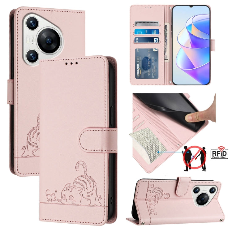 Cat Rat Embossed Pattern RFID Leather Phone Case with Lanyard, For Huawei nova 14 5G, For Huawei nova 13 Pro 5G, For Huawei Pura 70 Pro, For Huawei Pura 70, For Huawei Mate 60 Pro/60 Pro+, For Huawei Mate 60, For Huawei P60 Art, For Huawei P60/P60 Pro