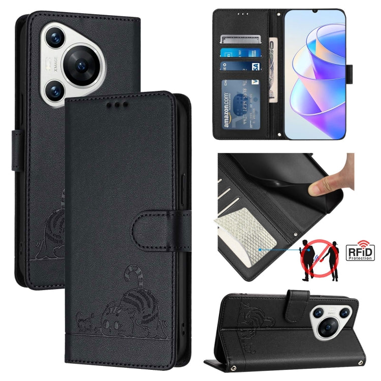 Cat Rat Embossed Pattern RFID Leather Phone Case with Lanyard, For Huawei nova 14 5G, For Huawei nova 13 Pro 5G, For Huawei Pura 70 Pro, For Huawei Pura 70, For Huawei Mate 60 Pro/60 Pro+, For Huawei Mate 60, For Huawei P60 Art, For Huawei P60/P60 Pro